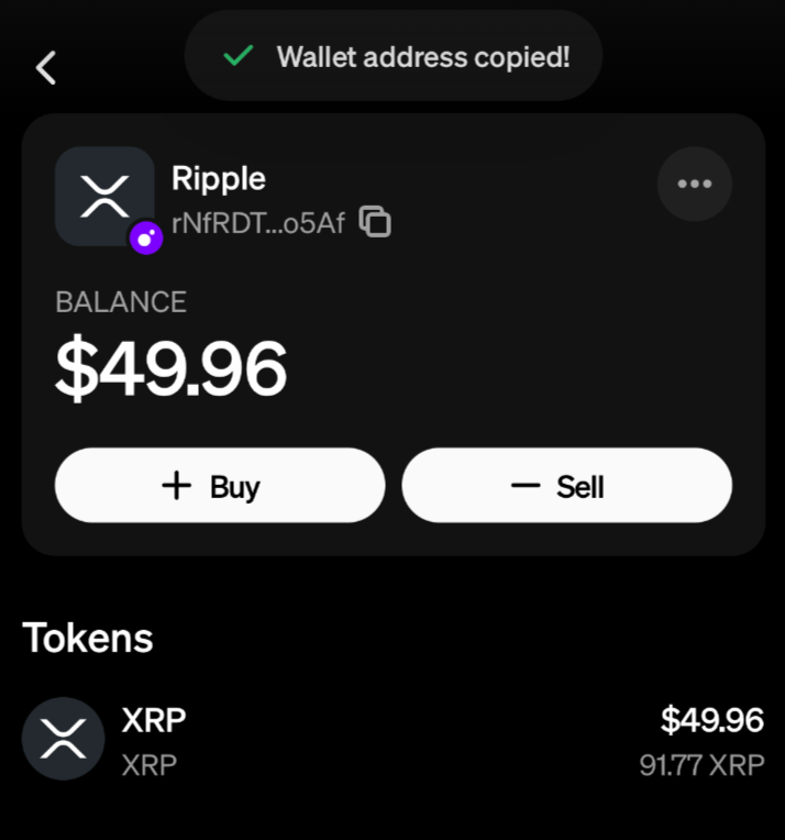 A screenshot of an XRP wallet address in the MoonPay app